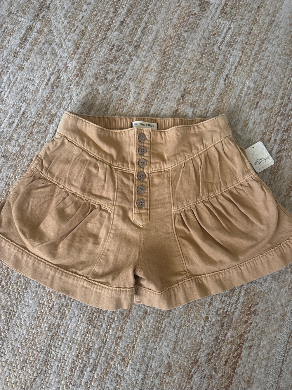 Free People Camel High-Waist Button Front Shorts